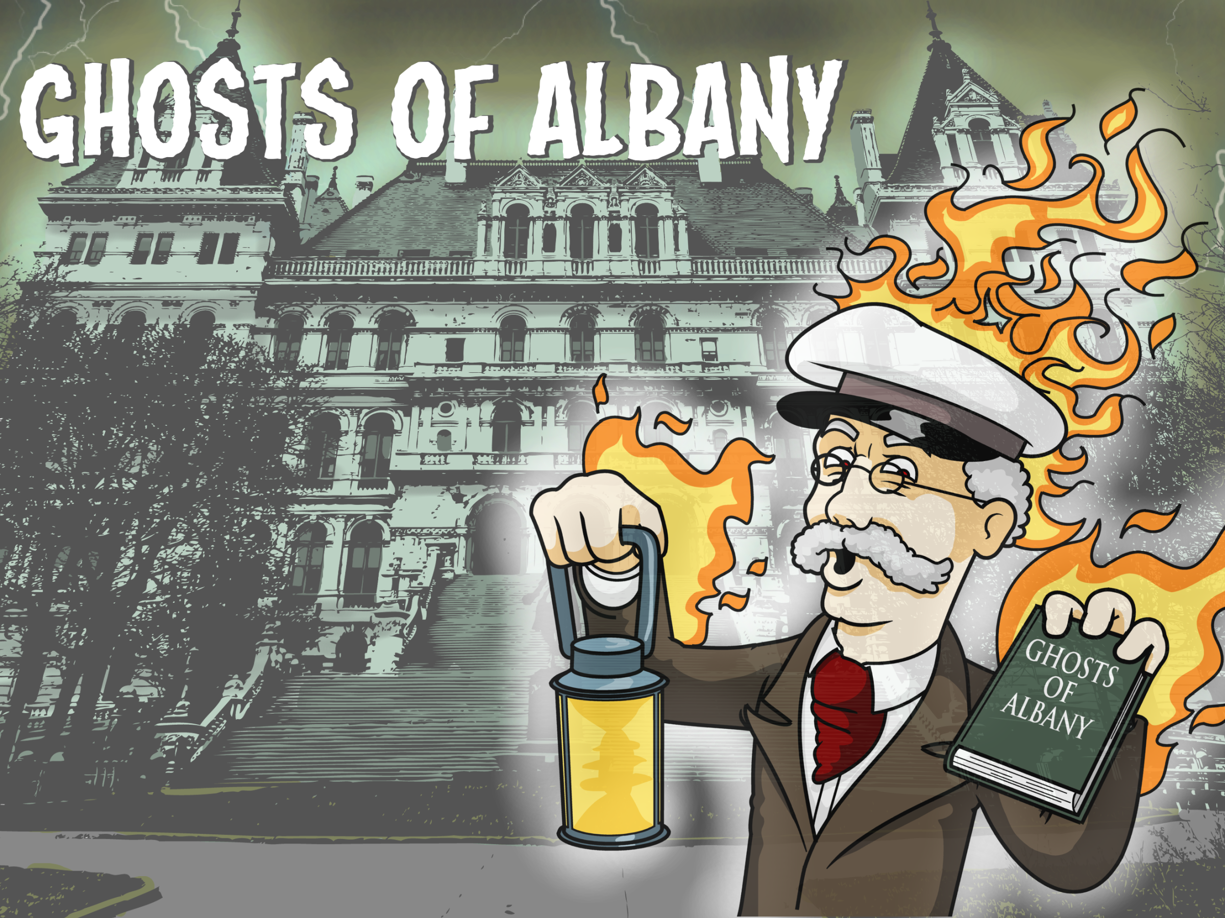 Cartoon of a man with a lantern, book, and flames in front of Albany building titled 'Ghosts of Albany'.
