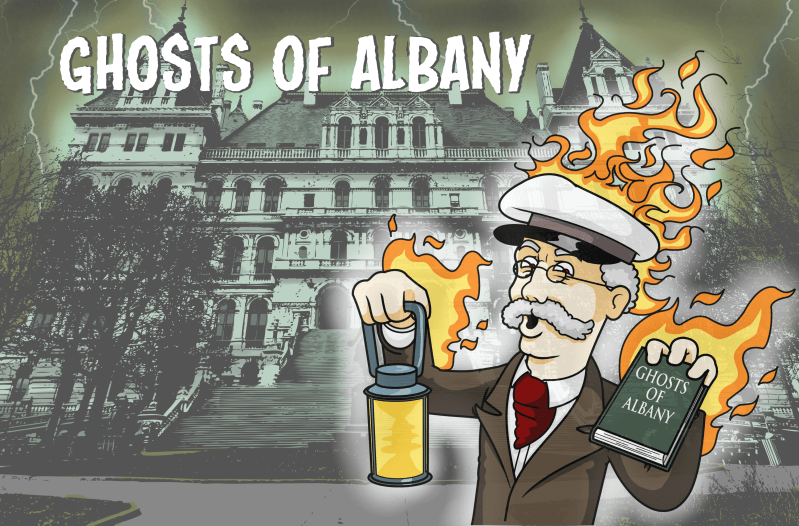 Cartoon of a man with a lantern, book, and flames in front of Albany building titled 'Ghosts of Albany'.