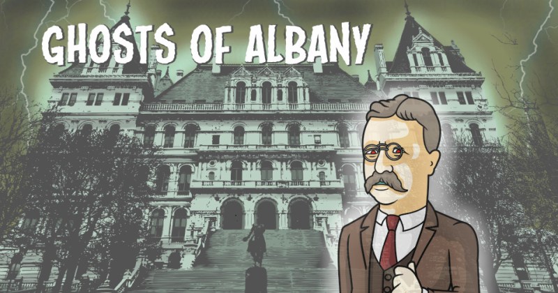 Cartoon man in front of haunted building with 'Ghosts of Albany' text.