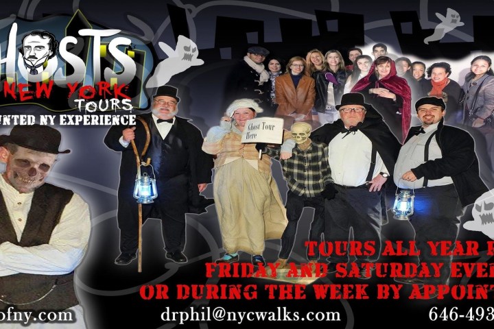 Ghosts of NY Tours poster with people in costumes and tour information.