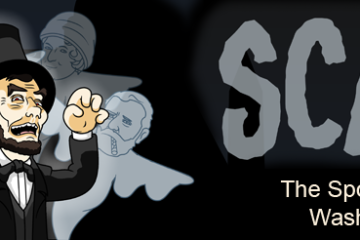 Cartoon figure with ghosts, text 'SCARY The Spookiest Tour of Washington, DC' on dark background.