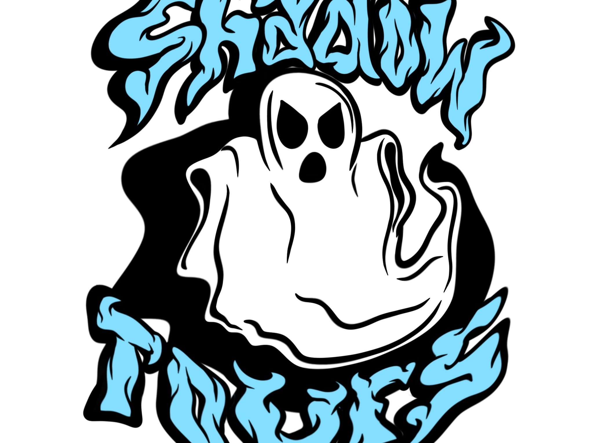 Ghost with blue text 'Shadow Tour' in stylized font surrounding it.